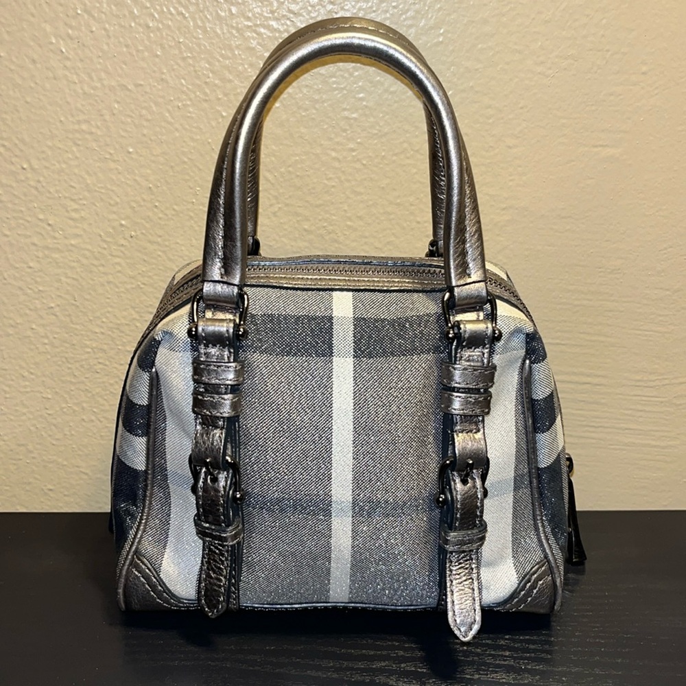 Burberry metallic silver leather trim Burberry monogram canvas handbag